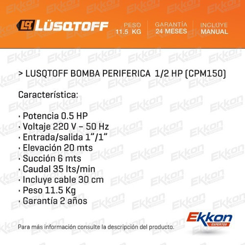 Imagen 2 de 8 de Bomba Lusqtoff Periférica Agua 1/2 Hp Cpm150