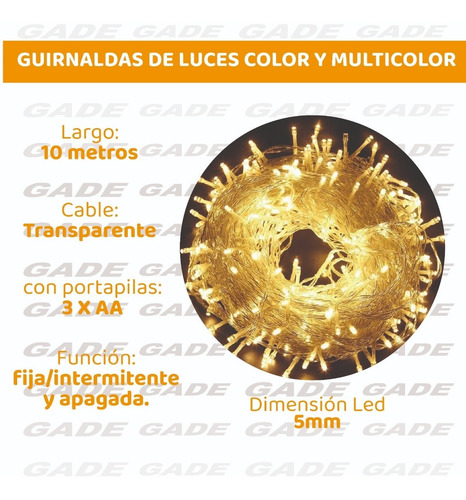 Imagen 4 de 7 de Guirnalda Luz Led Luces Tira 100 Luces Calidas 10m A Pila