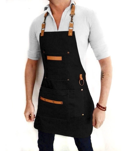 Delantal Jean Y Cuero Genuino Cocina Barman Barbería Unisex