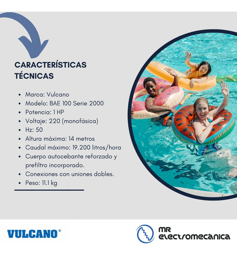 Imagen 3 de 10 de Bomba Pileta Piscina Autocebante 1 Hp 220 V - Vulcano Bae 100 2000 - Caudal Máximo: 19.200 Litros/hora - Monofásica