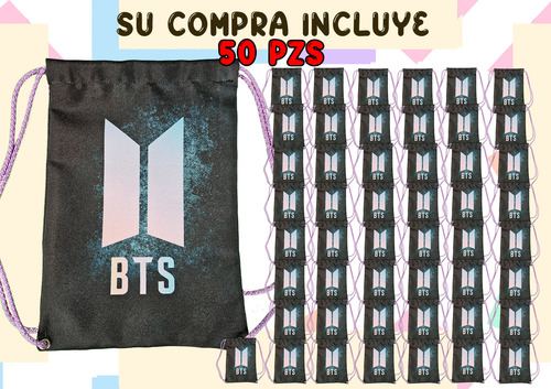 50 Bolsas Mochilita Dulcero Bts Kpop Army Recuerdo Regalo Negro Mochilitas Bts Logo Modelo 1