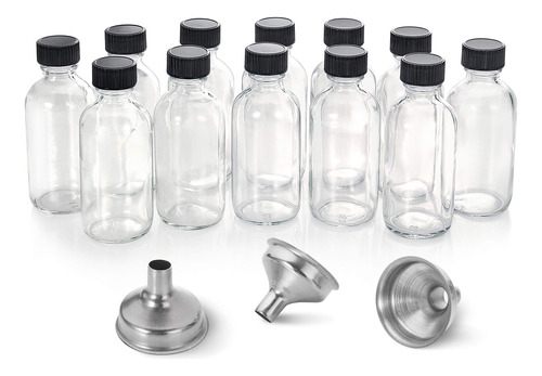 12 Botellas Pequeñas Vidrio Transparente C/tapa+embudo 59ml