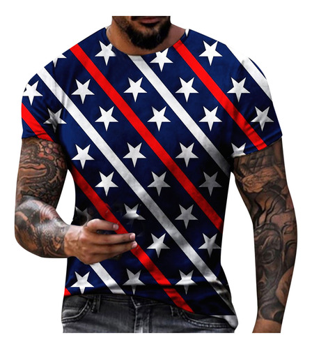 Camiseta M Casual Con Cuello Redondo Y Estampado De Bandera