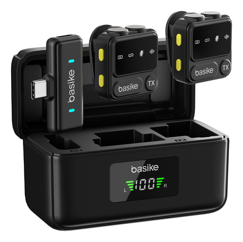 Microfone Sem Fio Basike Mini para iPhone/iPad/Android - 30m Alcance Estável, 10h Bateria com Case de Carregamento Portátil, Clip Prático para YouTube/TikTok/Gravações em Movimento