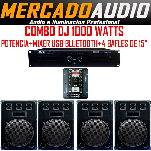 Imagen 1 de 6 de Combo Dj 1000w Potencia+mixer Usb Bluetooth+4 Bafles 15**