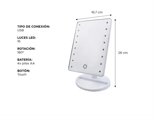 Imagen 2 de 8 de Espejo Con Luz Led Para Maquillaje Tactil 360 A Pilas