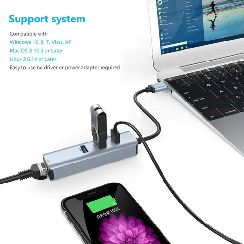 Imagen 3 de 7 de Adaptador Usb - Hub 3 Port Usb 3 + Red Gigabit Ethernet