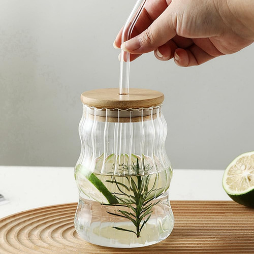 Vasos De Vidrio Acanalados Vawolecy Con Pajitas Y Tapas, 2 V