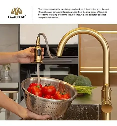 Grifo De Cocina Giratorio 360° Con Ducha Extraíble, Modelo Retro Moderno En Negro Y Latón, Fyheast