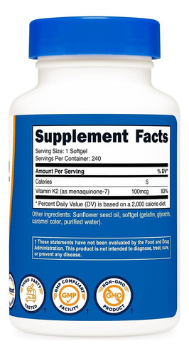Vitamina K2 Mk-7 Nutricost De 100 Mcg 240 Capsulas Sabor Sin Sabor
