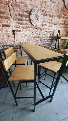 Mesa Barra Desayunador Industrial 120x40 + 4 Taburetes 36x36
