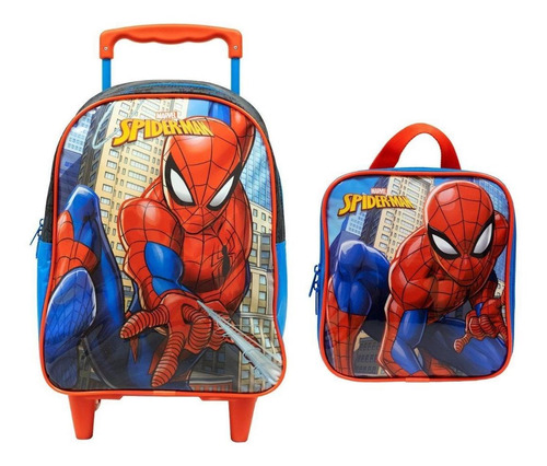 Mochila Infantil De Rodinha Homem Aranha Grande C/ Lancheira Cor Preto