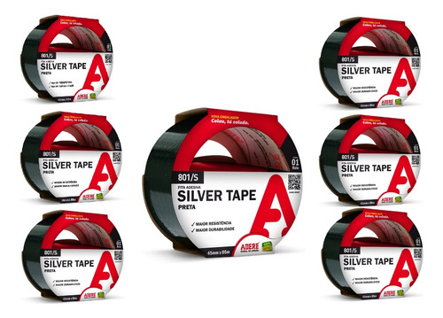 Kit Com 7 Fita Adesiva Multiuso Silver Tape Prata 50x5 Preto Lisa