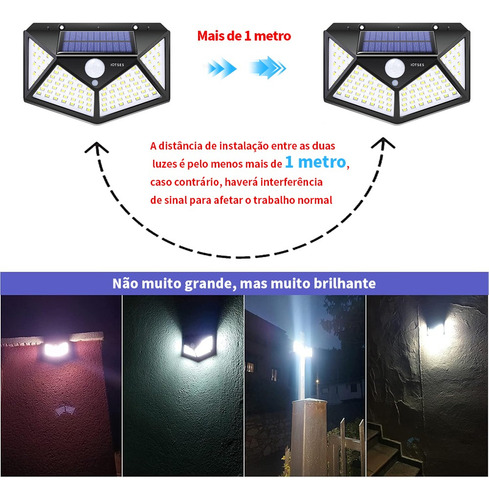 Kit 5 Luminária Solar 100 Led Com Sensor Jardim Prova Dágua