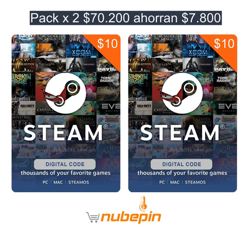Tarjeta Steam $10 Dólares - Entrega Digital Garantizada Pack X2 70.200 Ahorran 7.800