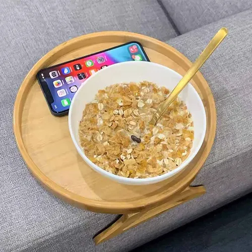 Bandeja De Bambu Circular Para Sofa Con Clips