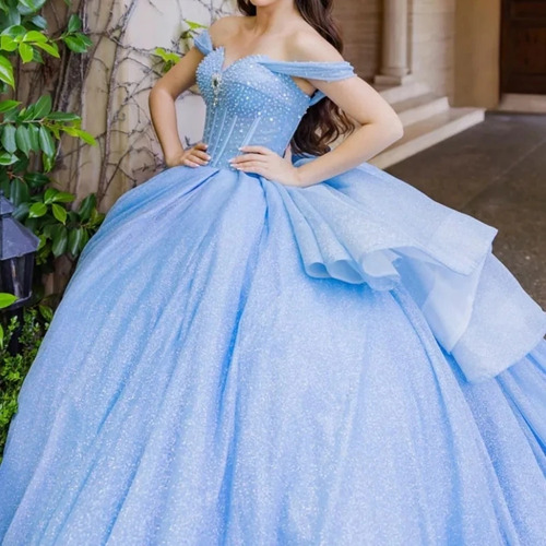 Vestido De Xv Quinceañera Azul Cielo, Brillante De Princesa 