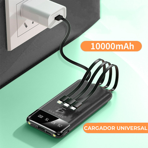 Power Bank 10000mah Batería Portátil Pantalla Led 3 Entradas Color Negro Ele-Gate