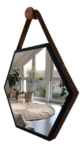 Espelho Adnet Sextavado 50cm Decorativo Com Alça + Suporte Moldura Preto Alça Preta