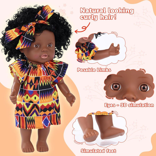 Muñeca Negra Bebé Gagaku 33 Cm Con Cabello Rizado