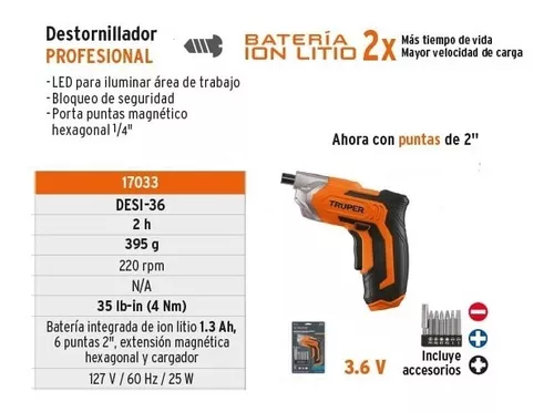 Destornillador inalámbrico 3.6 V, Truper, Destornilladores, 17033