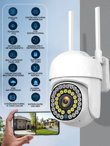 Cámara De Seguridad Ip66 Wifi Hd Visión Nocturna Alarma 2pz Blanco