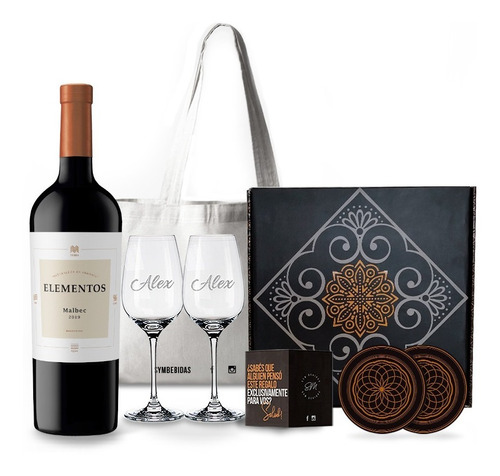 Box Set Vino Elementos Malbec 2 Copas Transparentes Grabadas