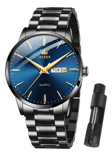 Reloj Olevs Day Date Para Hombre, Acero Inoxidable, Negro Y