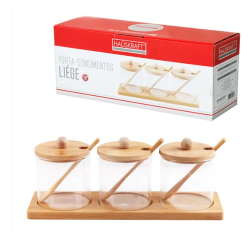Porta Condimento C/ Suporte Bambu 7 Peças 350ml Em Vidro