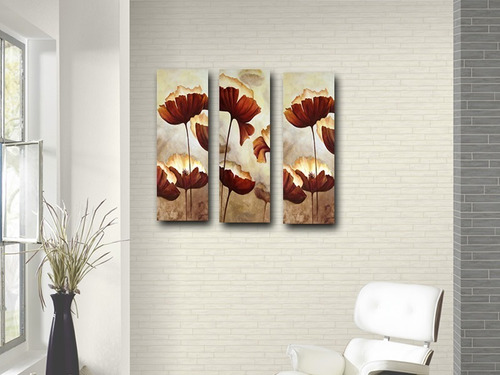 Imagem 2 de 6 de Trio De Quadros Sala Quarto Corredor Flores Marrom 20x60