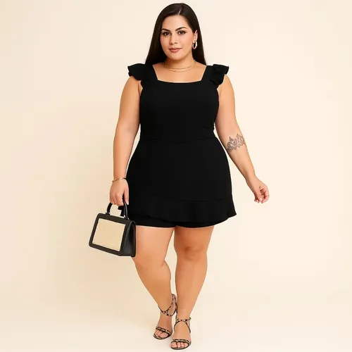 Macaquinho Feminino Plus Size Curto Babado Alça Larga Verão