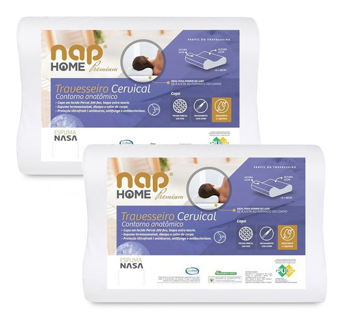 Kit 2 Travesseiro Cervical Nasa Premium Nap Capa Impermeável