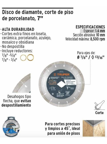 Disco De Diamante Cortar Azulejo Loseta Mármol De 7 Truper