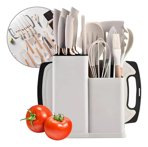 Conjunto Utensílios De Cozinha Silicone Com Tábua 19 Peças Off White