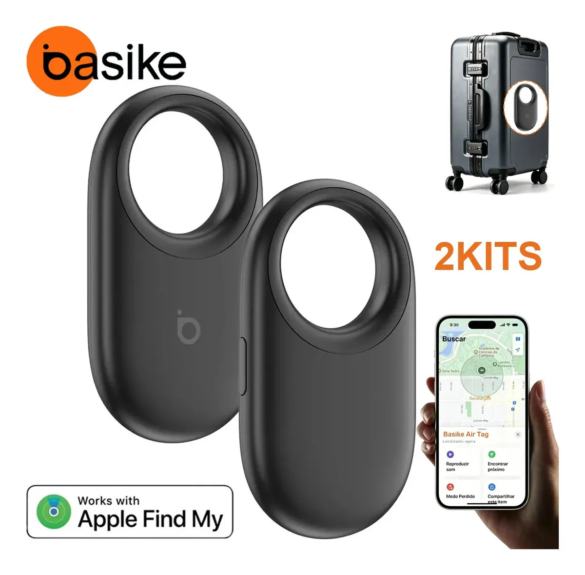 Basike Air Tag Rastreador Bluetooth Gps Com Alarme Sonoro Localizador Objetos Rastreador Smart Tag Para Apple Compatível App Buscar, Chaveiro Moto Veicular Pet Gato Bike Mala IPX67(2 kits)