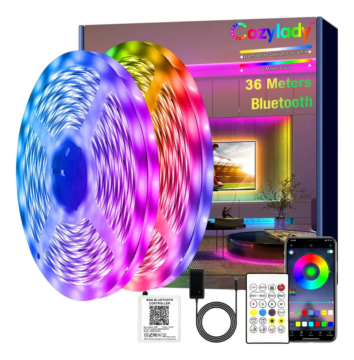 Cozylady Tiras De Led 36m Bluetooth Rgb Luz Led Inteligentes Música De Tiras De Luces Led App Control Para Cuarto,tv,bar,habitación Gaming,fiesta,decoración De Interior
