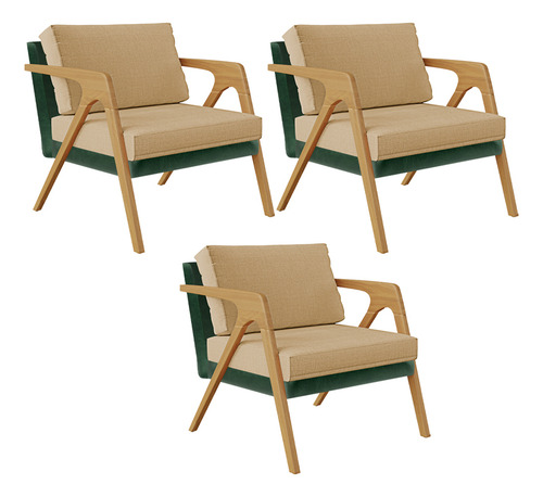 Kit 03 Poltronas Pietra Facto Verde Musgo Linho Bege Escuro Cor Bege-escuro Desenho do tecido Liso