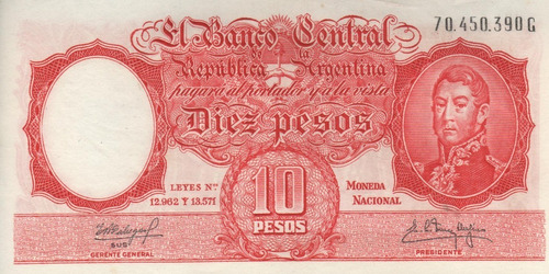 Bottero 1972 - Billete De 10 Pesos Mon. Nac. Año 1962 - Xf