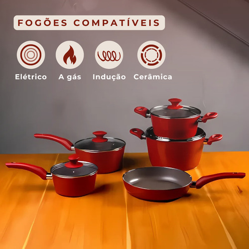 Jogo de Panelas 5 Peças Ceramic Life Optima Vermelho Carmin com Fundo de Indução - Brinox