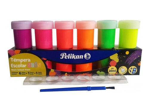 Tempera Escolar Neón X6 Pelikan 20ml + Paleta Y Pincel