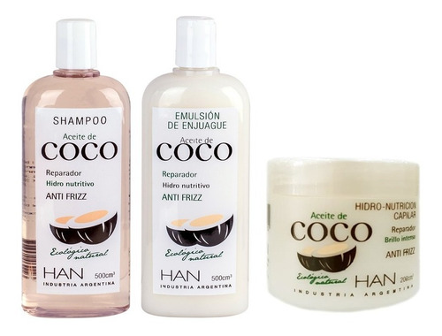 Kit Aceite De Coco Han Shampoo + Crema Enjuague + Baño Crema