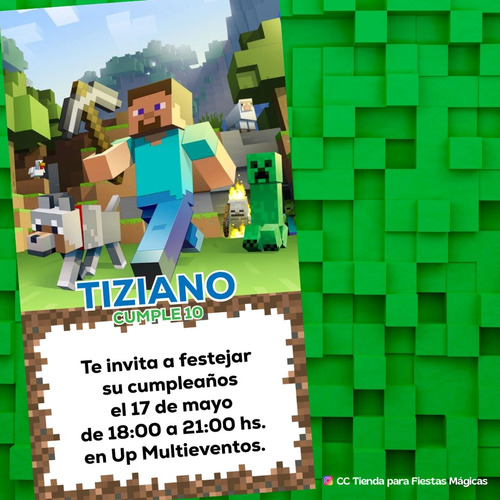 Invitación Cumpleaños Minecraft Tarjeta Digital Verde