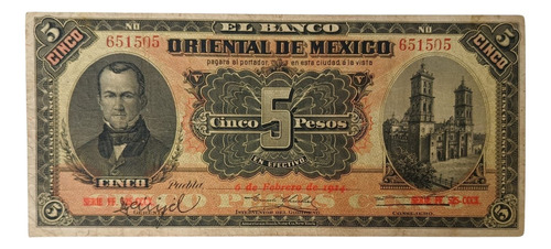 Billete 5 Pesos Banco Oriental De Mexico Buen Estado (Usado)