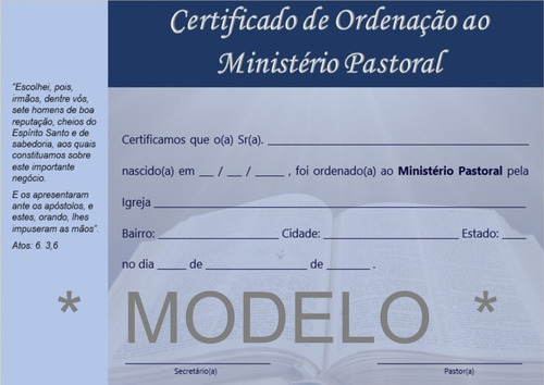 Certificado De Ordenação Pastoral - Frete Grátis