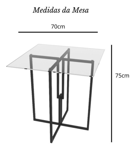 Mesa Quadrada Industrial 70cm Preta Tampo De Vidro Temperado