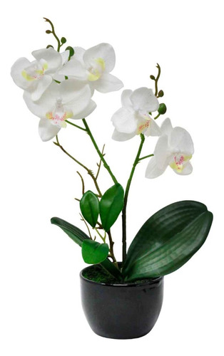 Orquidea Artificial Blanca Con Maceta De Ceramica Negra 34cm