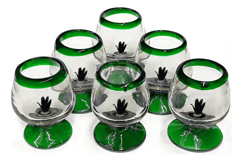 Set 6 Copas Coñac Borde Color Con Agave Negro Vidrio Soplado