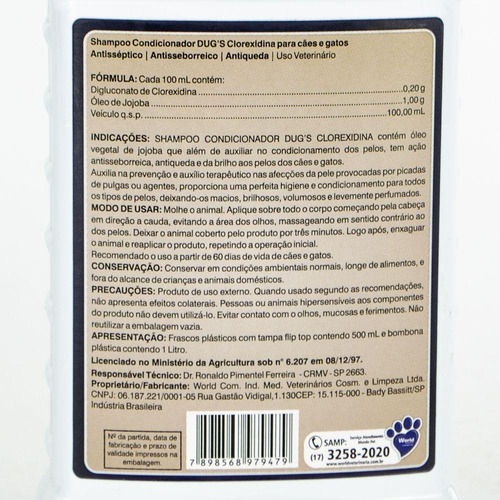 Imagem 2 de 4 de Shampoo De Clorexidina P/ Cachorro E Gato Dugs 500ml