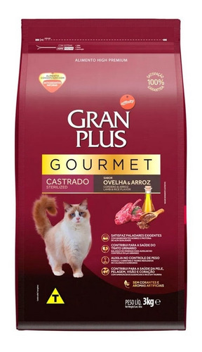 Gran Plus Ração Gourmet P/ Gato Castrado Sabor Ovelha 3kg