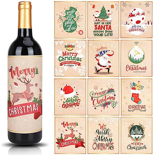 12 Etiquetas Adhesivas Botellas De Vino De Navidad, Cub...